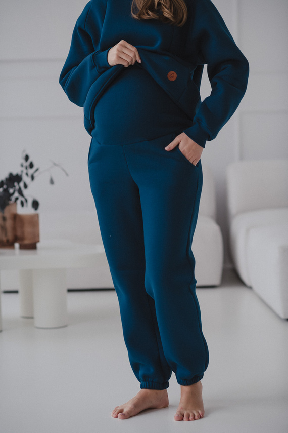 Motherhood Spodnie ciążowe Milk&Love navy– gruba dzianina, elastyczny pas, bawełna z poliestrem, Oeko-Tex