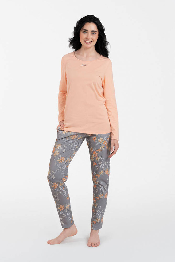 Kasali Piżama Damska długi rękaw i spodnie Italian Fashion - łosoś/druk 