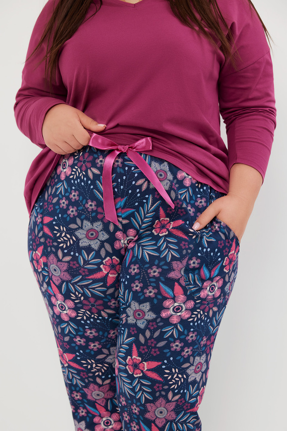 Folk Piżama Damska długi rękaw, długie spodnie Italian Fashion - jeżyna/druk