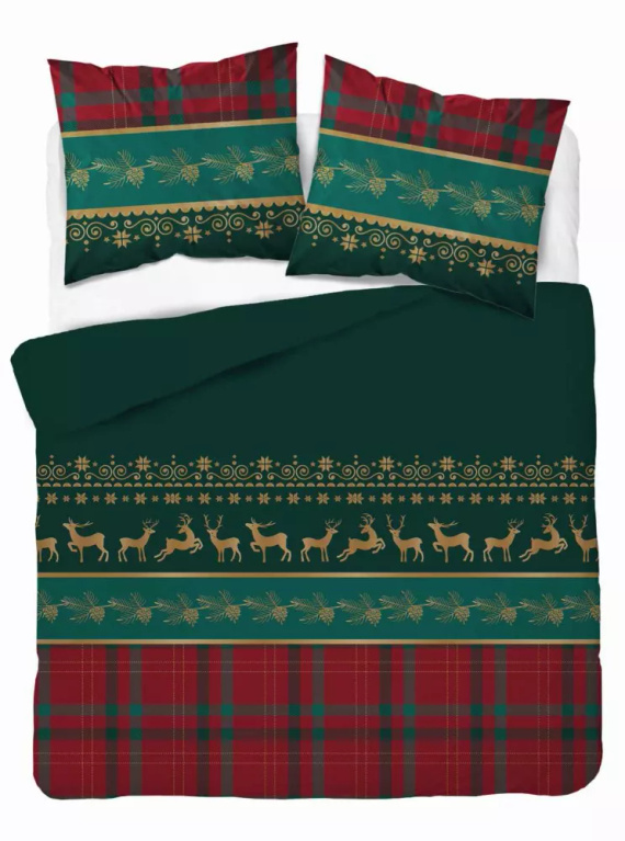 5620 A Magia Świąt Pościel flanelowa świąteczna Detexpol zielona z reniferami i kratą– bawełna 100%, 160 g/m², zamek, OEKO-TEX®
