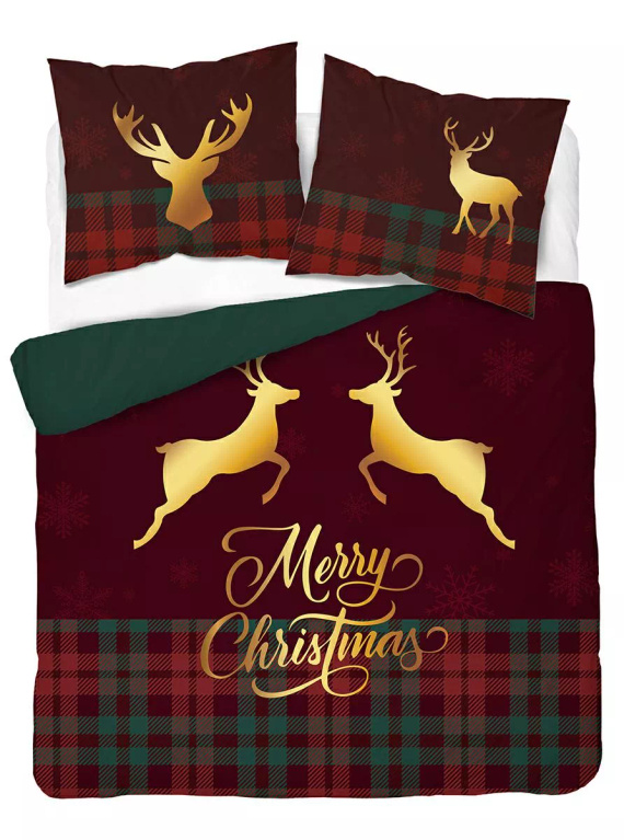 5827 A Pościel świąteczna bawełniana Christmas Dreams Detexpol w kratę z reniferami Merry Christmas– komplet bożonarodzeniowy 100% bawełna