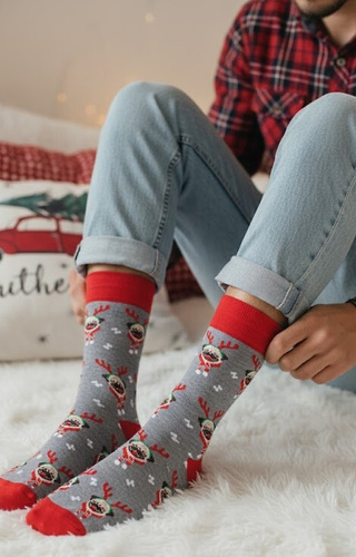 1290-036 Mopsy Skarpety męskie Milena szare– świąteczne, kolorowe, bawełniane