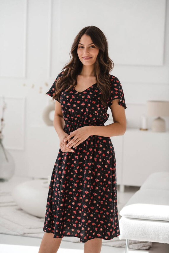 Lovely Dress Midi sukienka ciążowa i do karmienia krótki rękaw Milk&Love navy w różyczki