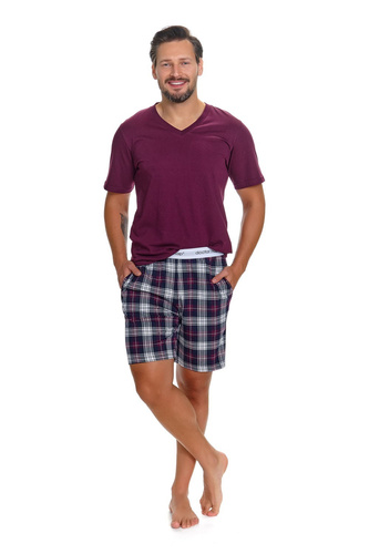 Piżama Męska Doctor Nap 7476 Bordowa Bawełniana Krata V-Neck