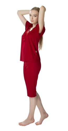 3639 Matylda Piżama damska Mewa burgund– jedwab wiskozowy, produkt polski, długość 3/4