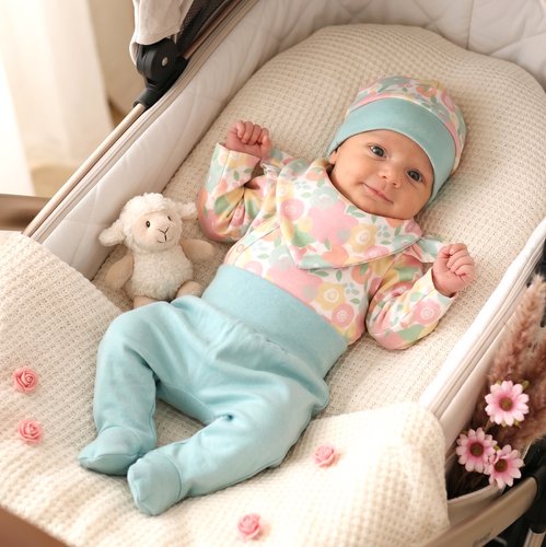 ABK-0052 Komplet niemowlęcy NINI Colorful Fruits organic bawełna body półśpiochy czapka