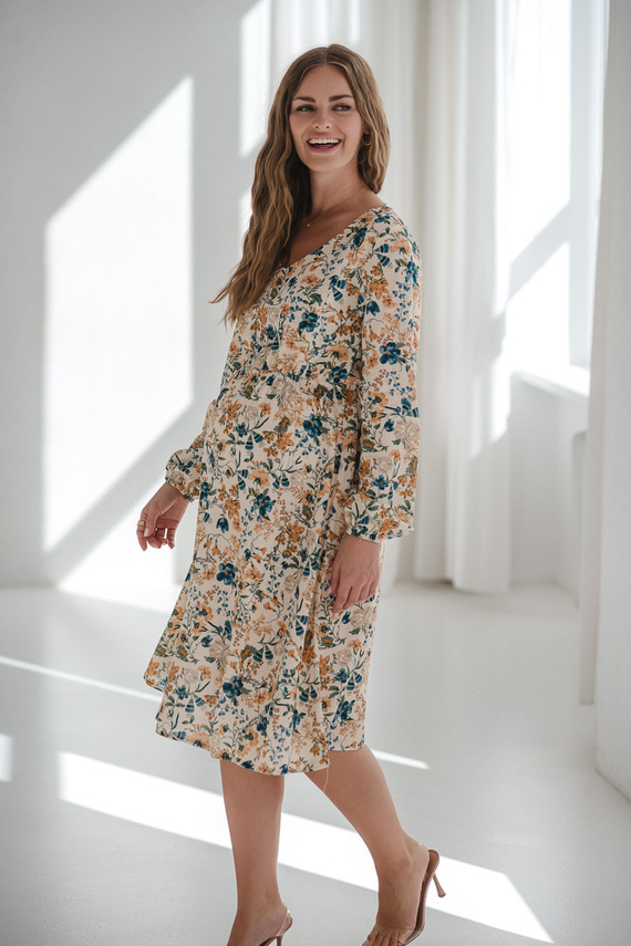 Lovely Dress Midi Milk&Love beżowa w kwiaty– sukienka ciążowa i do karmienia z lnem, elegancki krój z zamkami do karmienia