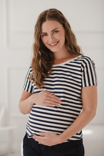Two Ways Dwustronna bluzka ciążowa i do karmienia | Krótki rękaw, komfortowa Milk&Love granatowo-białe paski
