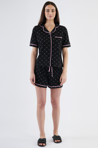 Coraline Piżama damska Sorbetto czarna  – koszulowa góra, krótkie spodenki, 100% bawełna