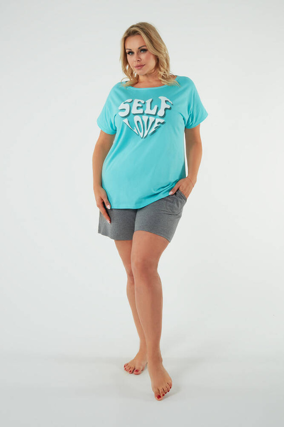 Selfie Piżama Damska krótki rękaw, spodenki Italian Fashion - turkus/melanż