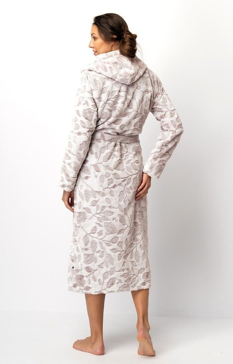 LGL 545 Szlafrok damski Key ecru-mocca – miękki, z kapturem, wiązany w pasie