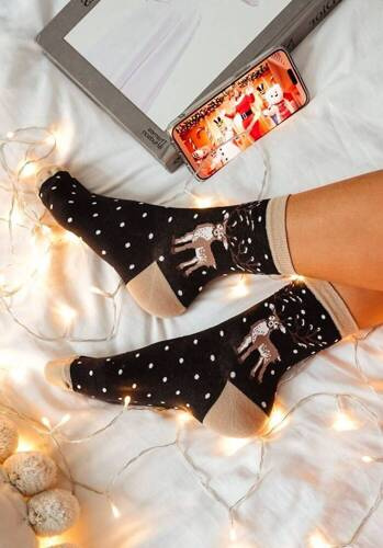 1283-021 Renifer Świąteczne Skarpety damskie Milena - czarny