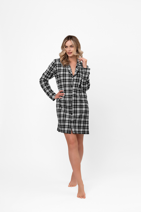 Koszula nocna damska Klara – długi rękaw, bawełna, krata, rozpinana Italian Fashion