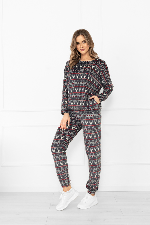 Komplet damski Navara – polarowy zestaw w świąteczny wzór z reniferami Italian Fashion - grafitowy 
