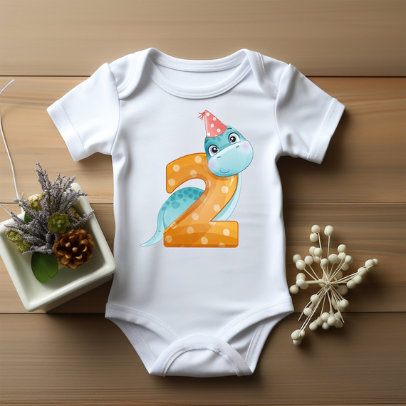 SKU A029 "Urodziny Dino 2 latka" Body krótki rękaw Moocha biały