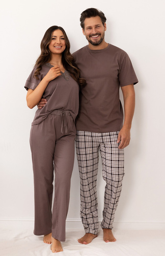 Piżama Damska Regina 4008 100% Bawełna Koronka Satyna Długie Spodnie- brązowy