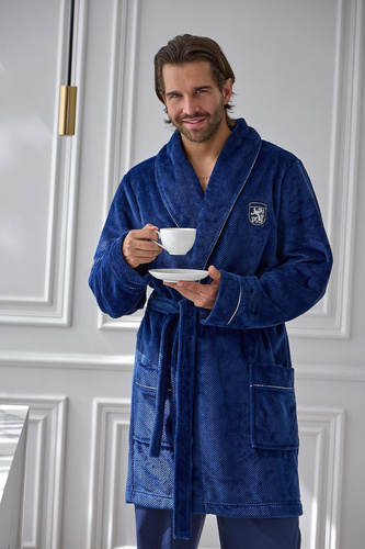 L&L Elegant 2664 Szlafrok Męski Krótki Waflowy Miękki z Kołnierzem navy