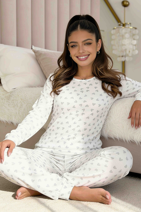 Donna Love Long Ecru piżama damska 100% bawełna w serduszka