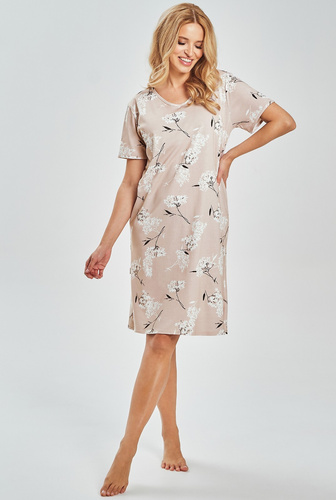 3538 Fiora Koszula nocna damska Taro – 100% bawełna, roślinny print, do kolan | Lekka koszula na lato