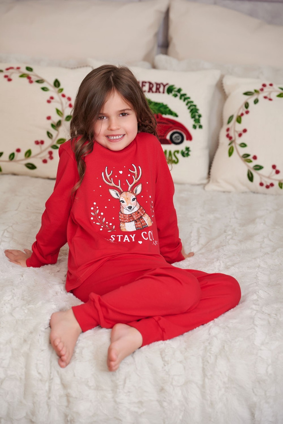 Piżama dziecięca Doctor Nap 7505 czerwona bawełniana z jelonkiem Stay Cozy
