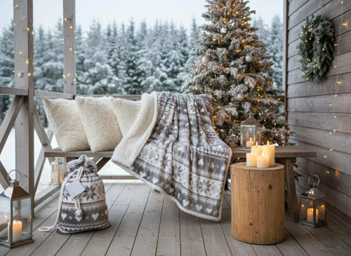 Koc świąteczny SACO szary– miękki i ciepły z norweskim wzorem śnieżynek w ozdobnym worku