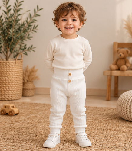 Legginsy chłopięce LC002 ecru bawełniane prążkowane z guzikami dla chłopca