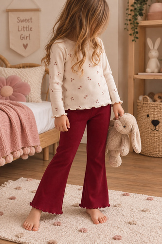Mamatti LJ820 Bordowe Legginsy Dziewczęce Prążkowane Dzwony Bawełniane