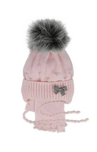 48-302 Komplet czapka+szalik AJS pudrowy-różowy