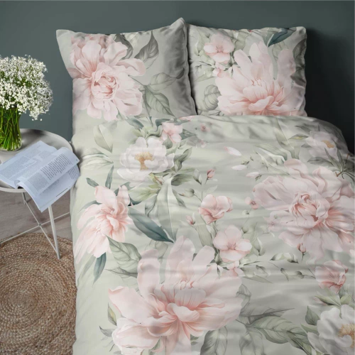 5308 A Pościel z mikrofibry kwiaty Detexpol oliwkowy/różowy