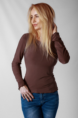 Bluzka Selena Mirale z mikrofibry – dopasowana bluzka z falbanką- brązowy