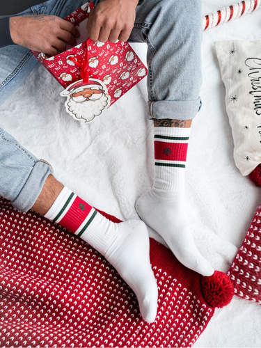 1290.040 Prążek z choinką – świąteczne skarpety męskie Milena, biały