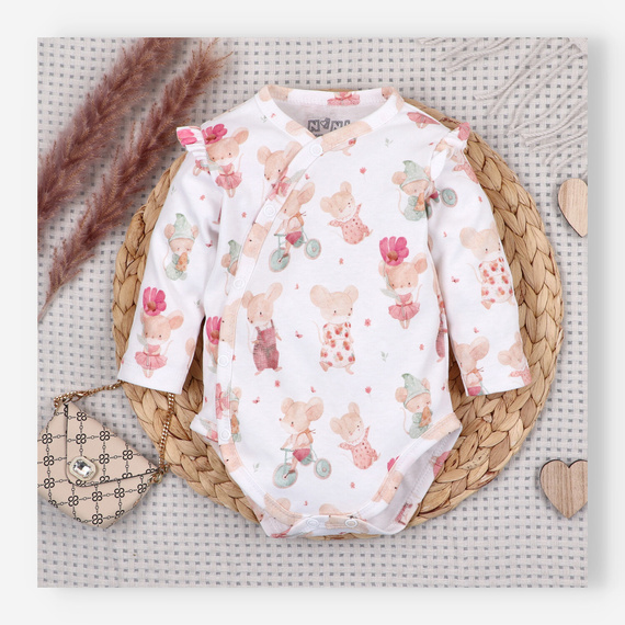 ABK-0053 Komplet niemowlęcy NINI Małe Myszki organic bawełna body półśpiochy czapka