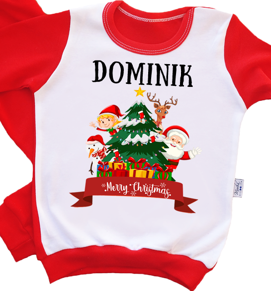 "MERRY CHRISTMAS" Piżamka świąteczna choinka dla dzieci z imieniem Moocha czerwony 