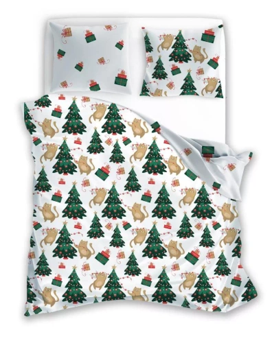 Holly Jolly 005 Pościel świąteczna Faro biała zielona choinki – satynowa mikrofibra, komplet z zamkiem błyskawicznym