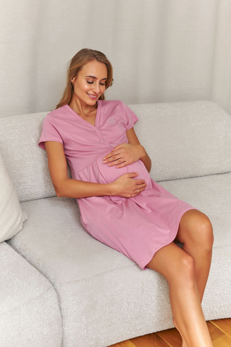 Koszula nocna Doctor Nap 5336 ciążowa, V-dekolt, bawełna, kieszenie- blush rose