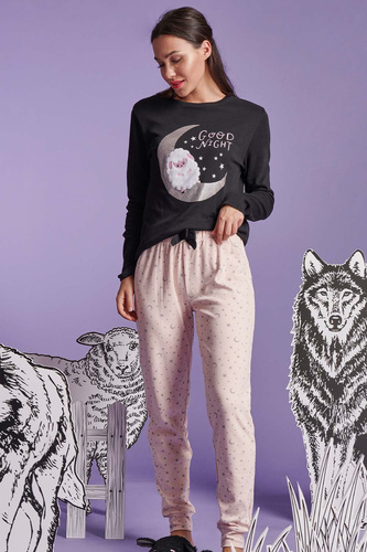 Shearly Piżama damska Sorbetto czarna – 100% bawełna, aplikacja 3D, spodnie z ściągaczami