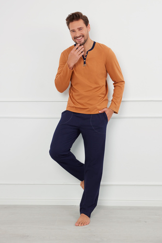 Juliusz Piżama Męska długi rękaw, długie spodnie Italian Fashion - koniak/granatowy