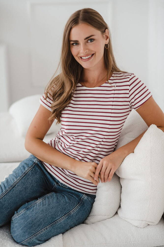 MamaFlow Bluzka do karmienia z krótkim rękawem Milk&Love- bordowe paski