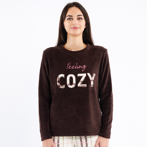 Piżama Liliana Sorbetto brązowa – ciepła polarowa w kratę z haftem 