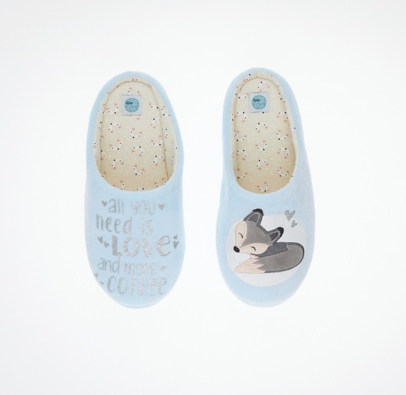 Fixy Sorbetto niebieskie – ciepłe kapcie damskie z antypoślizgową podeszwą i nadrukiem