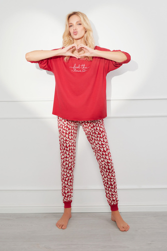 Evora Piżama Damska długi rękaw, długie spodnie Italian Fashion - czerwony/druk