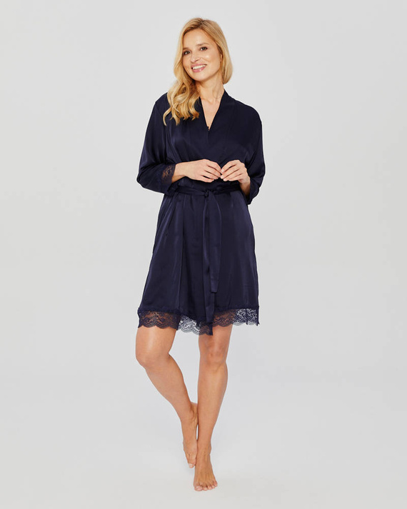 Szlafrok satynowy z koronką Mona navy blue