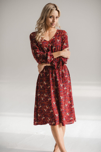 Lovely Dress Midi Sukienka ciążowa i do karmienia Milk&Love – bordowa w kwiaty, długi rękaw