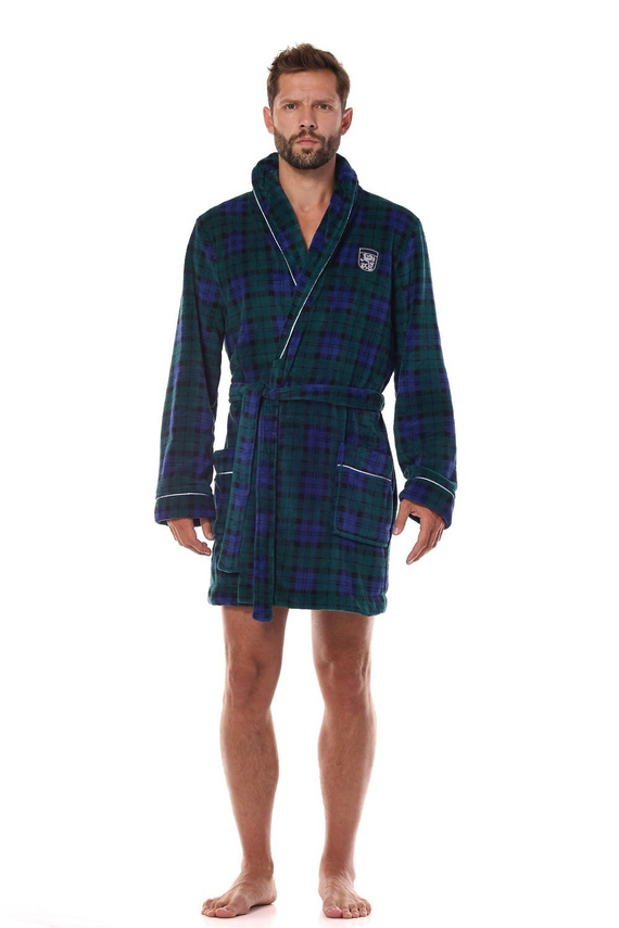 2456 BJ Szlafrok męski L&L granatowy– miękki, w kratkę z kołnierzem