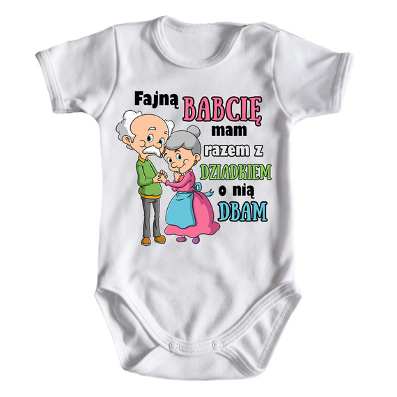 "Fajną babcię mam razem z dziadkiem o nią dbam" Body krótki rękaw Moocha biały
