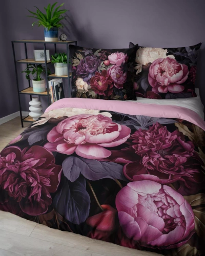 5129 A Pościel bawełniana Holland Detexpol czarna w piwonie w odcieniach bordo i różu – 100% bawełna, dwustronna, polska produkcja