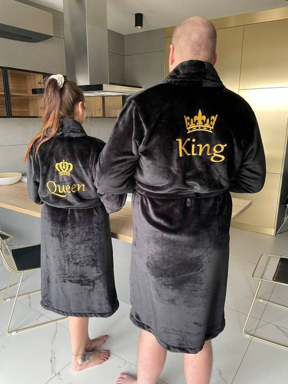 Queen + Korona Szlafrok damski polarowy ByShelly - czarny/złoty