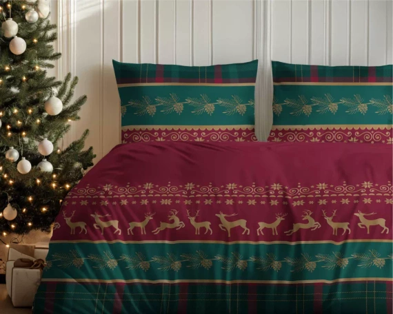 5620 B Magia Świąt Pościel flanelowa świąteczna Detexpol czerwona z reniferami i kratą– bawełna 100%, 160 g/m², zamek, OEKO-TEX®