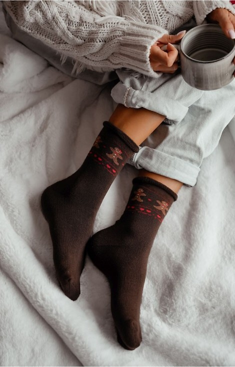 0118-013 Skarpety Milena brązowe – świąteczne frotte, bawełniane, ciepłe