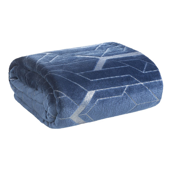 Ginko 4 Koc narzuta z mikrofibry ze srebrnym wzorem geometrycznym Eurofirany niebieski